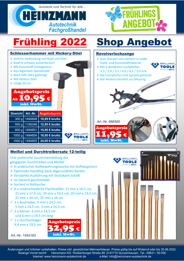 Frühling 2022 - Shop Angebot +++ Brilliant Tools - Schlosserhammer mit Hickory-Stiel +++ Revolverlochzange +++ Meißel und Durchtreibersatz 12-teilig